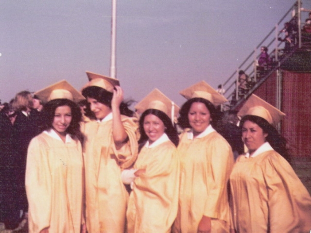 L-R Rachel Bravo, Ramona Bravo, Nelva Ramirez, Irma Valdez and Alma Castillo Graduation day June 1975